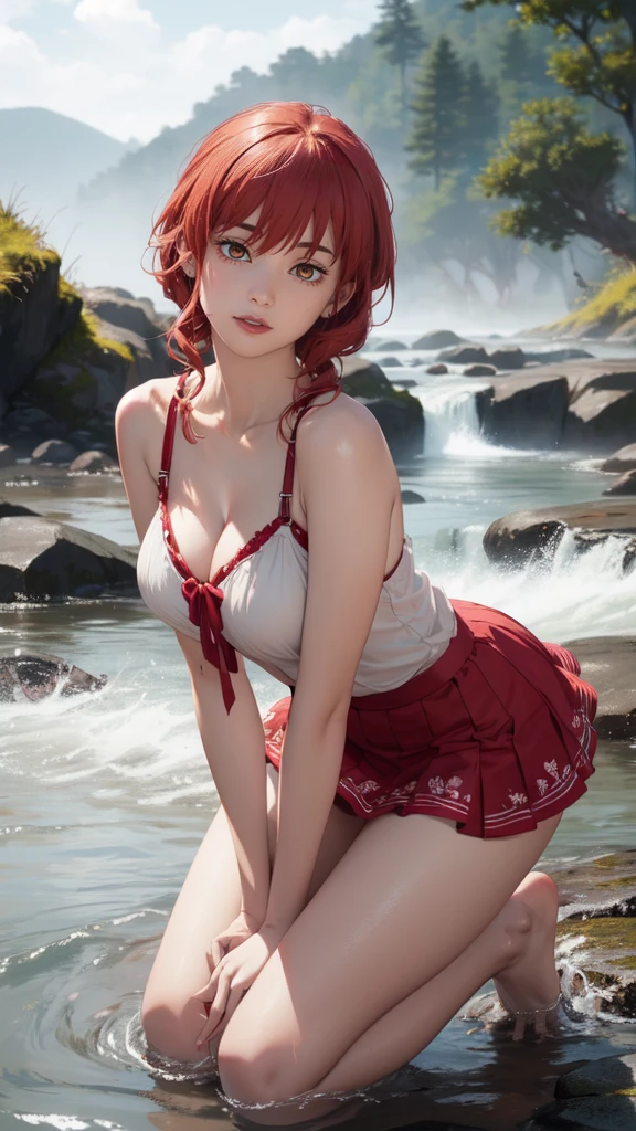 ((masterpiece, Best Quality, high resolution, Perfect Pixel, 8K))), 1 girl、medium thighs、full body seen、 ((Red gorgeous hairs))、(( Beautiful eyelashes、Realistic eyes))、 ((Detailed face, Blushing:1.2))、((Smooth texture:0.75, Realistic texture:0.65, Photorealistic:1.1, Anime CG style))、Seen from front、Dynamic Angle、(Wearing red and white line printed top、gorgeous top、perfect fitting top、perfect skirt、red salong skirt、beautiful dress、Sexy straps、Lace satin、Mini dress、Beautiful pink trees、sitting in a river stream、One knee down、hands on hairs、Looking somewhere for pose、beautiful river stream、beautiful foggy appearance、water waves、 river stream、lightning background、Waterfall、Beautiful feet、beautiful mountains、Beautiful lightening、perfect posing、wind breeze、hands on her hairs waving、wavy hairs、walking forward)、Perfect realistic representation of face、seducing look at viewer、medium breasts、beautiful portrait、very High quality、ultra high definition、 insanely detailed face、ultra high quality、ultra high clarity、best quality)、insanely detailed dress、realistic representation of a face、beautiful curvious body、Beautiful feet、white skin、best image quality、best clarity、 highest resolution、8k resolution、ultra high resolution、beautiful smile、beautiful eyelashes、Gorgeous face、gorgeous representation of a face、perfect body、erotic face、dynamic lightning、shiny skin、bokeh:1.2、Full body shot、professional photograph