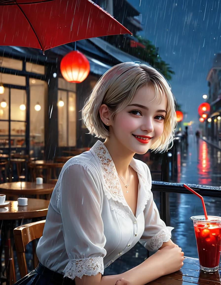 (8k, Highest quality, masterpiece: 1.2), (Realistic, Realistic: 1.37), Very detailed, 1 girl, cute, alone, Beautifully detailed skies, Detailed Cafe, night, Sitting, date, ( Red nose), (smile: 1.15), (Close your mouth) Small breasts, Beautiful details, (Collared shirt: 1.1), night, Wet, Business Wear, rain, White lace, (short hair: 1.2), Floating Hair NovaFrogStyle,