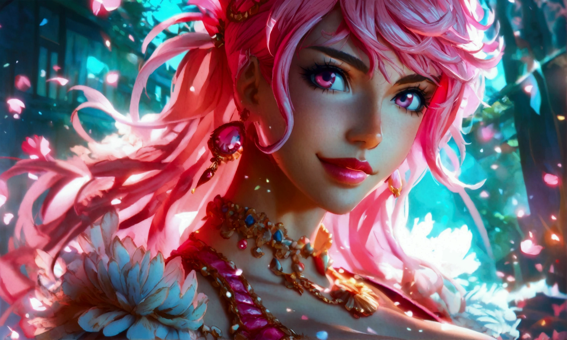 Big muscular woman, pink hair with beautiful hairstyle, pink eye, elegant pink outfit, cheerful smile, pink earring, pink necklace, pink ring, "Anime character design inspired by One Piece, full of dramatic and impressive lighting, focus on the centralized character, impressive face, full of creative details, ultra-fine 4K design, scenery bathed in creativity, boasting 2D anime resolution clarity, HD anime graphics, high-octane rendering"