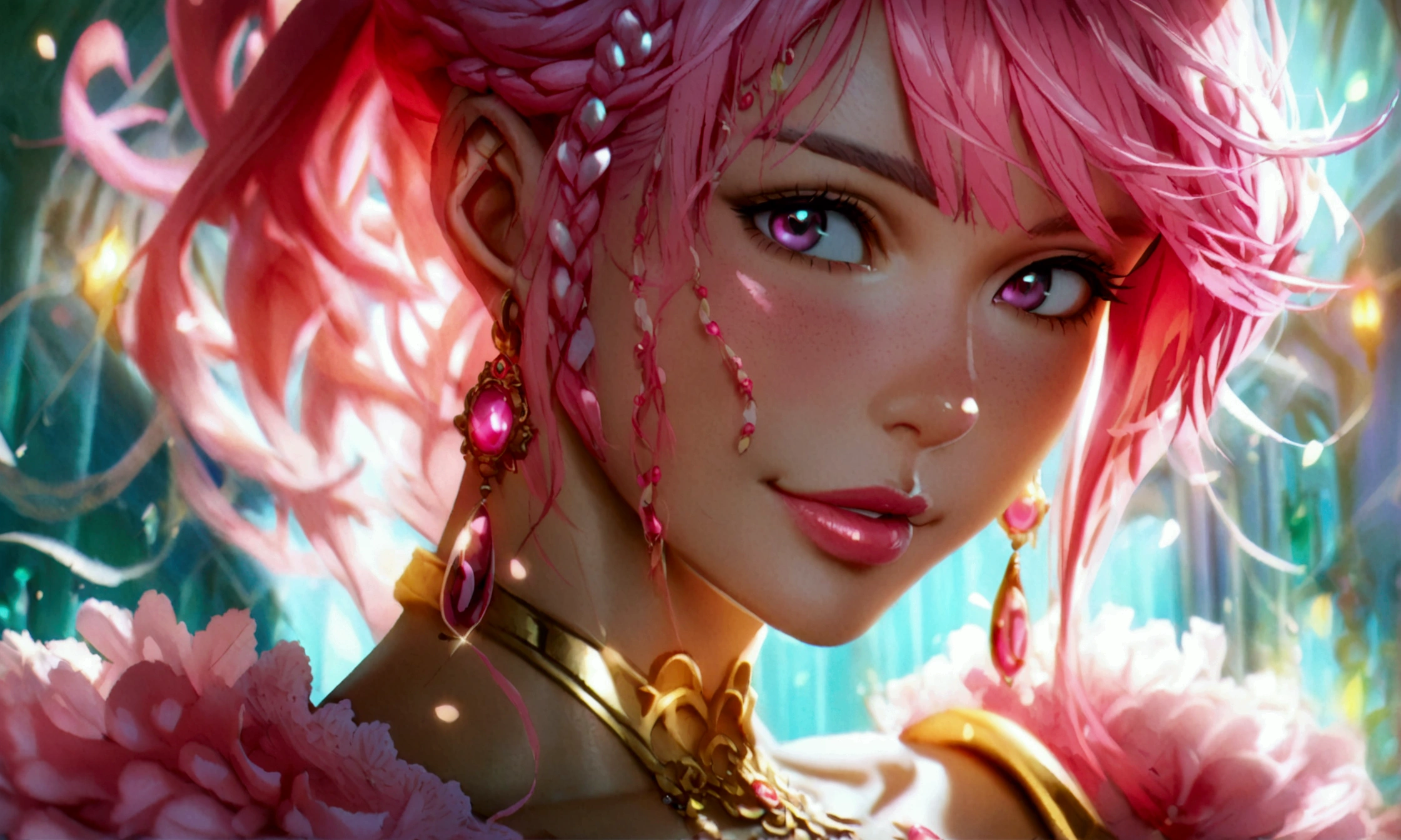 Big muscular woman, pink hair with beautiful hairstyle, pink eye, elegant pink outfit, cheerful smile, pink earring, pink necklace, pink ring, "Anime character design inspired by One Piece, full of dramatic and impressive lighting, focus on the centralized character, impressive face, full of creative details, ultra-fine 4K design, scenery bathed in creativity, boasting 2D anime resolution clarity, HD anime graphics, high-octane rendering"