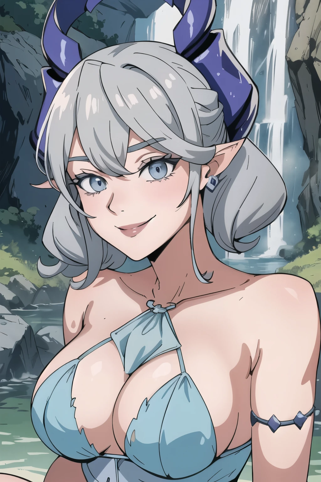 Waterfalls High level image quality best image quality 8K adult woman background a lake in the middle of jungle outside more colors whole body view portrait wearing bikini horn ears short hair((shortcut)(gray hair)(perm)(fluffy)) eye color is blue , , attractive evil face , evil smile , sexy pose , labrynth , barearm , flying ,