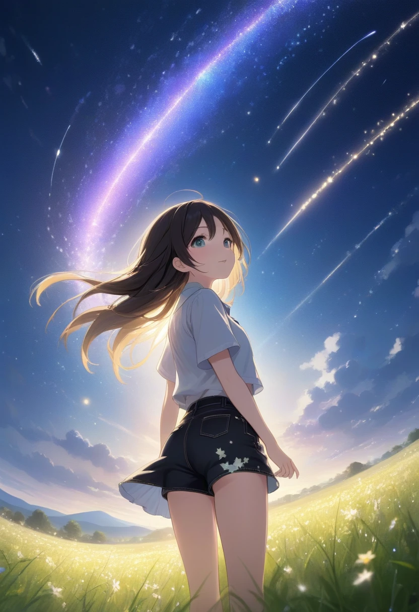 score_7_up,score_8_up,score_9,source anime,surper detail,1girl,white shirt,black denim pants,In a nighttime meadow, shooting stars continuously streak across the sky, creating a light show. The entire meadow is bathed in starlight, spreading breathtaking beauty. A moment of being captivated by the miracles of nature.