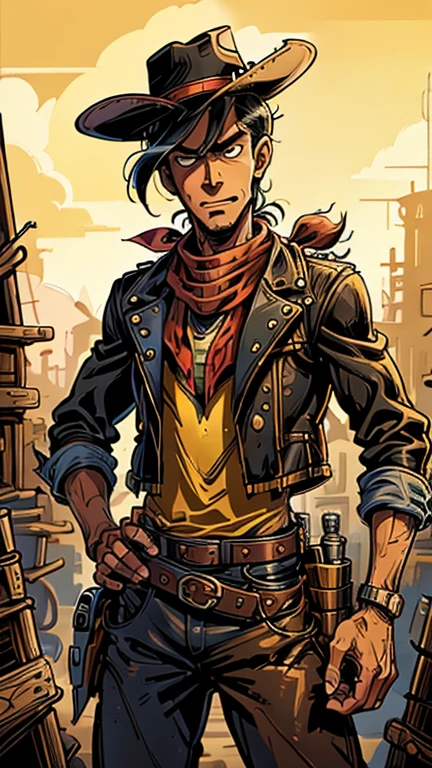 (1man, Lucky luke, yellow top, black jacket, jean, cowboy hat, red bandana), (extremely detailed CG unit 8k wallpaper),(master part), (best quality), (ultra detail), (best illustration),(melhor ombre), cowboy shot, (Sharp eyeliner, ombre, detail eyes:1), cogpunk  style wild west saloon interiors background, ,break , (CogPunkAI), upper body, short hair, black hair