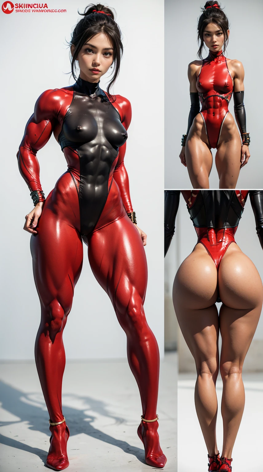 (Muscular:1.7), (thick thighs:1.7), 
asian female, (Taki2), (black hair), ponytail, angry,
hard nipples, (small breasts),
eyeshadow, red lips, (skintight red fullbody suit:1.5), ninja, belt, gauntlets, mesh,
(looking at viewer), three quarter view, (zoomed in),
(japanese arena:1.2), dim lighting, detailed skin, detailed eyes