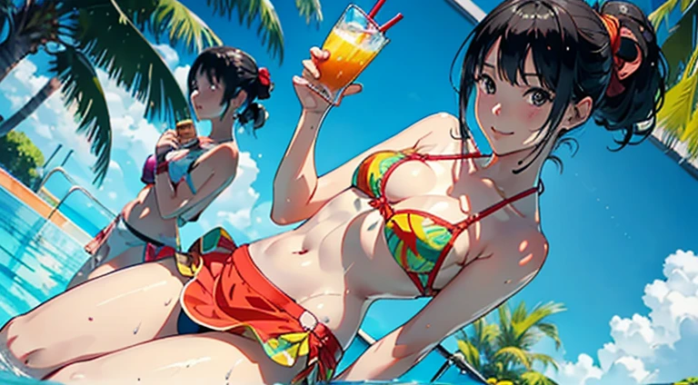 (Party by the pool:1.2)、(Fun atmosphere、Vibrant:1.2)、(3 people:1.4)、Beautiful Japanese Women、(3 peopleの女性)、20-year-old、(whole body)、((Tropical Drinks、juice、Soft-serve ice cream in hand))、(Detailed depiction of a beautiful face)、(Smile)、Small breasts、Slim figure、Medium Short Hair、semi-long、Hair Bun、Wet 水着、bikini、モノキニbikini、A pareo skirt with bold ethnic patterns and plenty of primary colors、Realistic Skin、Wet、whole body、No zoom、No close-ups、Cinematic Light、Tropical Colors、((Blank Background))、((White Background))、(Highest quality, masterpiece, High resolution)、(Anime Art 4k)、