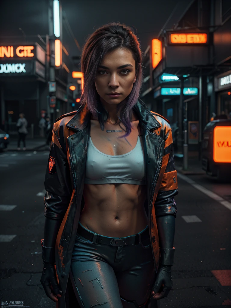 Realistic photo of a Man in  the middle of cyberpunk city Street:1.5, Shadow play, mist, moody, glossy short ash gray hair, orange tech jacket, red iris eyes, vivid, red, cream, brown, green, neon light, purple neon, blue neon, red neon,, Film light, Hyper detailed, Hyper realistic, masterpiece, atmospheric, High resolution, Vibrant, High contrast, dark angle, art by Koos Roos, 8k, HDR, 500px