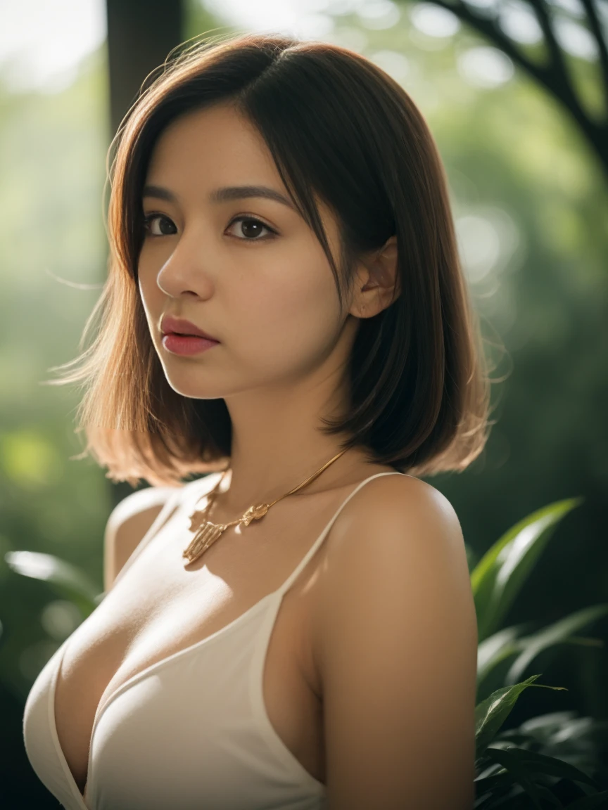asian lady, naked , necklace, small breast, rounded shape breast, ((she)), ((mid-shot, upper body, slender waist)), Hair Up Do、 Glowing eyes, nose blush, Carl Larsson, Alfonse Mucha, Chiaroscuro, Film Glenn, reflective light, (((mid-Shot))), waist to top,longshot show full body, masterpiece, high details, sun light on her, leaf shading, (()) ,