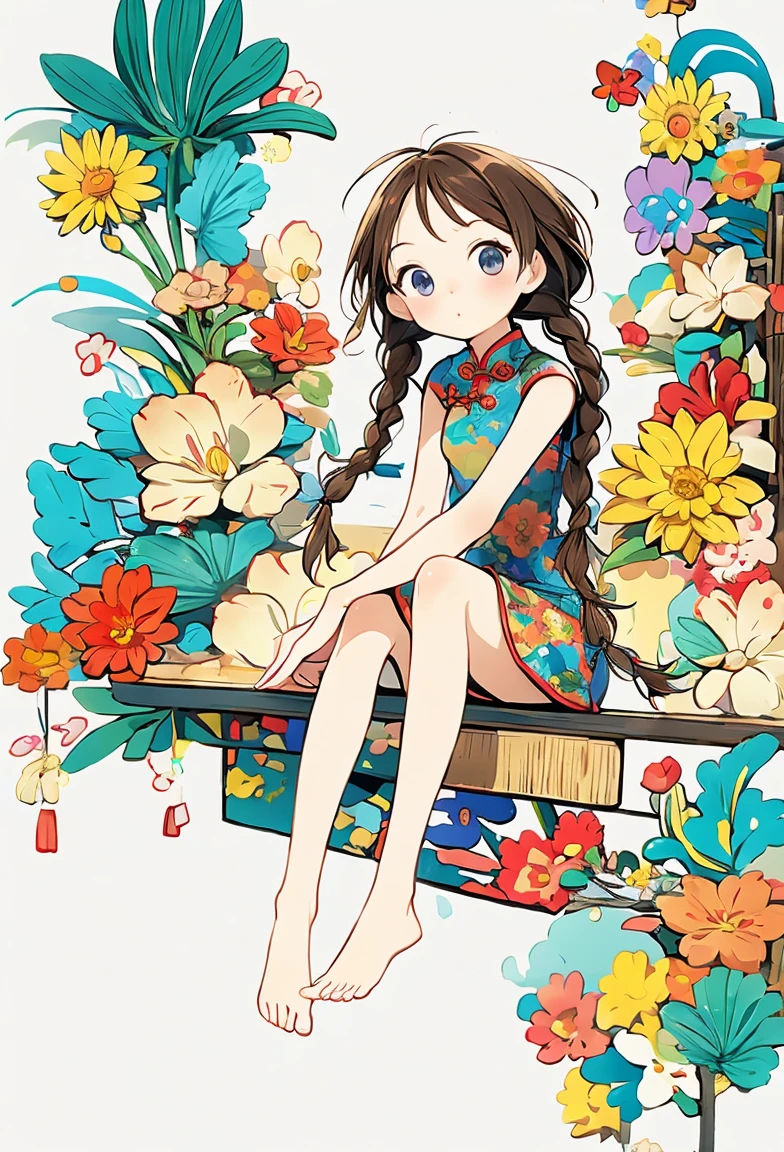 (masterpiece, best quality:1.2), watercolor，cartoonish character design。whole body，Long legs，barefoot，1 girl, Solitary，big eyes，Cute expression，Two braids，cheongsam，portrait，interesting，interesting，Clear lines，Leave a large blank space，Simple background
