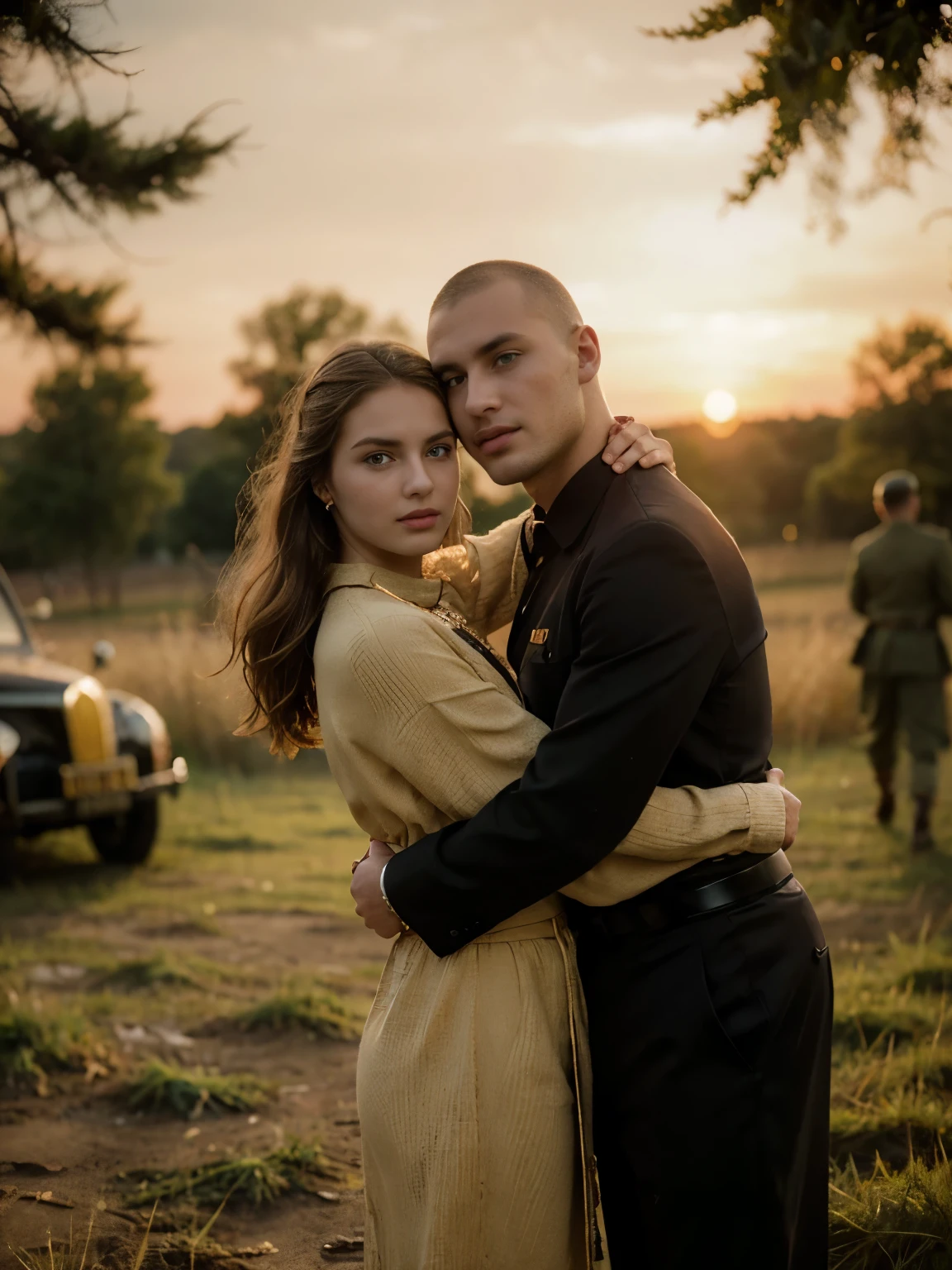 Black and White Photography、Front view, 1941 years, June, ww 2, looking face to face, (Russian 1 boy and Russian 1 girl is existence), be drafted into the army, (couple is love), standing, ((couple is hug, face to face)), girl is crying tear drop, The setting is a rural village during a festival, with people engaging in traditional activities and celebrating their heritage, sunset, (foreshortening, highness, forehead-to-forehead, Canon, textured skin, 8k, anatomically correct, super detail, high details ,female gold hair,  male gold hair and buzz cut, khaki shirt and pant