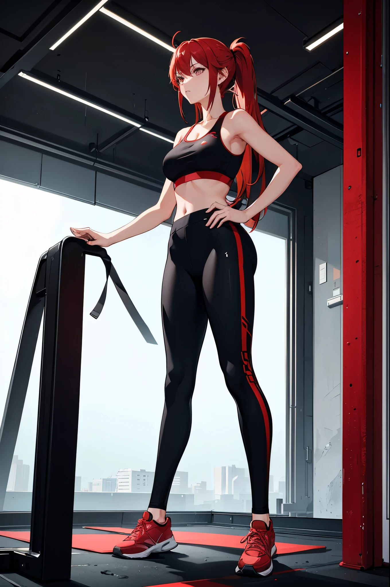 1woman, red hair, red eyes, tall, yoga pants, sports bra, standing on ground, high res, ultra sharp, 8K, masterpiece