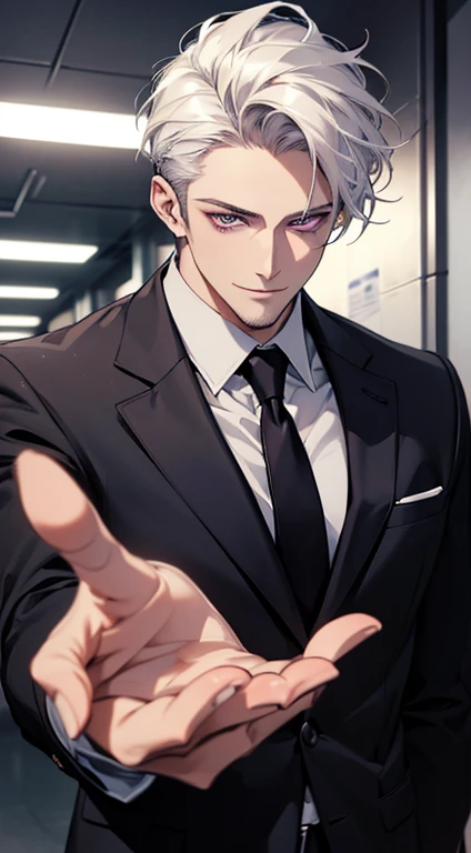 (best quality, masterpiece, 8K, photorealistic, cinematic lighting, hdr image, ultra detailed, beautiful image), 1 man, 31 years old, mature man, very handsome, (without expression, smile), short white hair, purple eyes ( penetrating gaze), perfect face without errors, imposing posture, without errors, businessman, office background