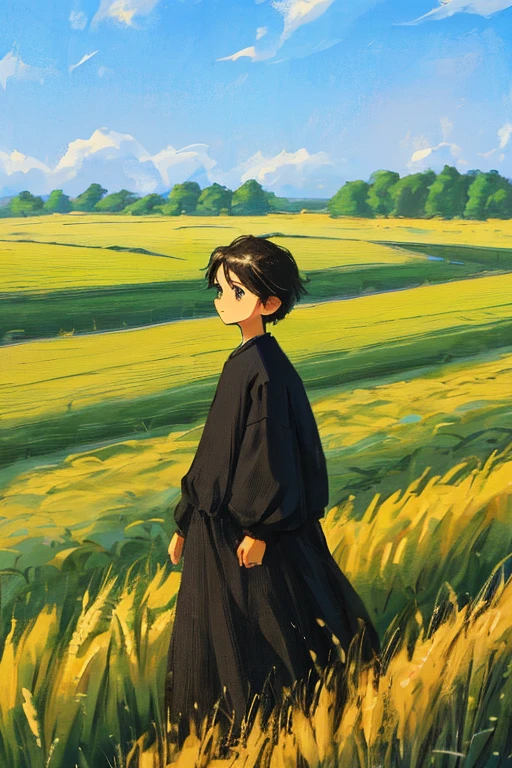 Village in rows and wheat fields background, a boy with black hair and black clothes stands with his hand looking like a square, the floor is like a blue painted grid, illusion of the world, 2D anime