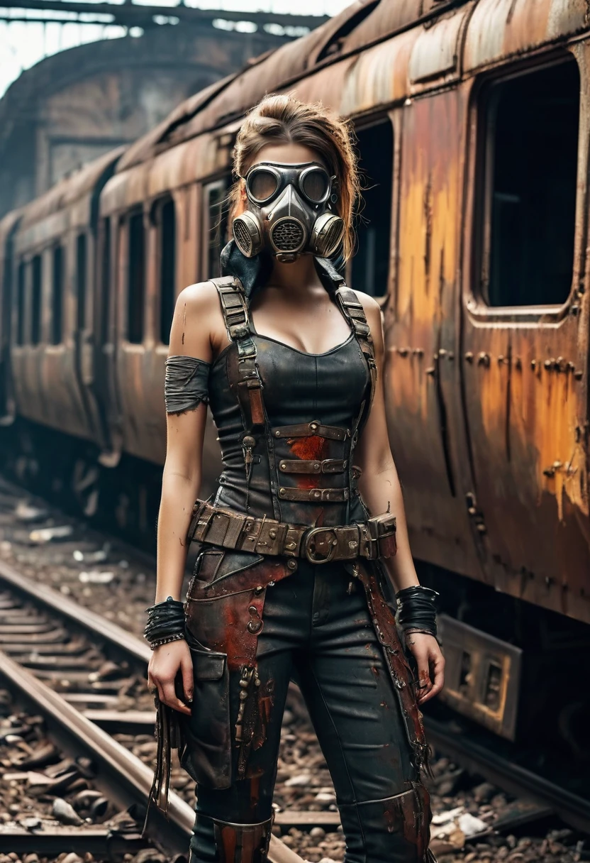 Create a diagonal and faithful image of a sad girl in torn clothes and dirty 18 year old madmax style leaning against the side of a long rusty and dirty subway train with METAL spikes around it, she is wearing an old gas mask, armored train, there are MANY SPOTS AROUND the train bodywork. front with a broken metal grille with several rusty spikes and blood-stained anti-zombie spikes; military style with modifications and protection with metal plates, war tank style, broken and dirty headlights with grilles, the train is passing underground inside an abandoned and dirty station in ruins underneath the center of the american city of ultra futuristic post-apocalyptic manhattan, there is vegetation growing in the corners of the walls in the season, there is debris lying on the train tracks, trem steampunk, dramatic art, dieselpunk art style, apocalyptic road warrior vibe, surreal digital art, mad max inspired, heavy metallic artwork, chrome grille symmetry, arte steampunk digital, It&#39;s not the Mad Max style, metallic art, is not Filip Hodas; artwork style, steampunk digital art, dieselpunk, in a hightech world, photo on the diagonal, high qualiy, 8k, extremely detaild, as realistic as possible, the highest possible quality.