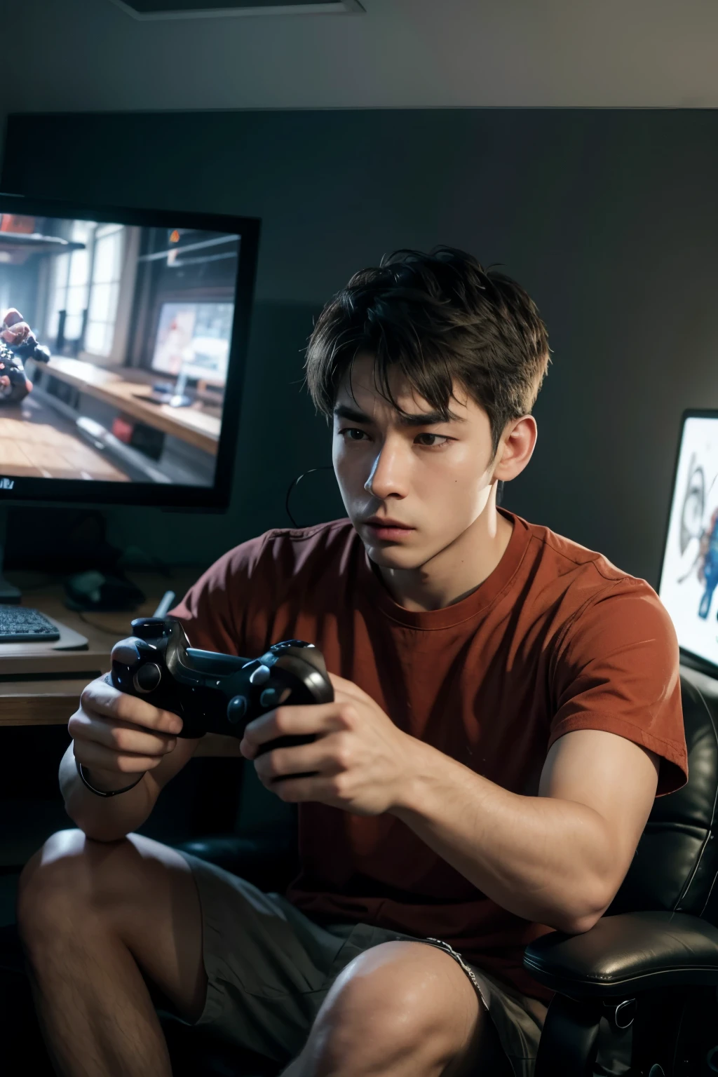 man,person,,Gamers,gamer,game,fight,sitting playing games,Game joystick,white shirt,enjoyable