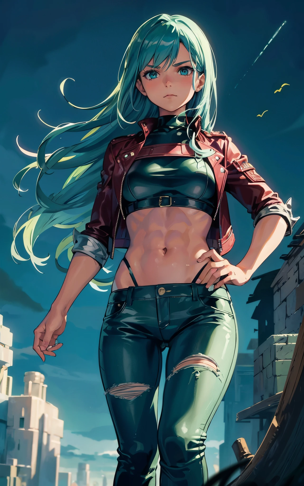 (Alicia Vikander:Evangeline Lilly), green light, glowing eyes, pov below, wind,, masterpiece, best quality, 1girl, cool, serious, medium breasts, long hair, blue hair, red leather jacket, crop top, tight jeans, green eyes, abs