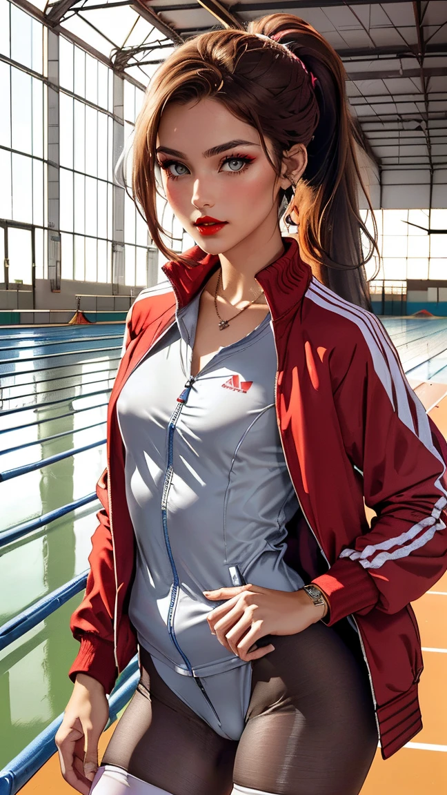 240710B. Masterpiece. A hyper realistic image of Claire. Beautiful woman. ((Perfect body)). Sexy. Slim. ((Solo)). ((Athletics. In the Indoor track field with lanes, hurdles, and bleachers. Standing energetically by the starting line, jacket open slightly. Red tracksuit with white stripes, zip-up jacket, and running shoes. Sheer red stockings. Hairstyle: High ponytail. Makeup: Bold eyeliner, red lips. Stopwatch necklace, wristbands.)). (See-through, bare pantyhose). ((Show erected small areolas thru clothes)). ((Show trimmed vulva)). ((Divine features, oval face)). Graceful presence. (Captivating and perfect grey eyes). (Silky ginger hair). Rosy tint complexion. Captivating smile with enchanting lips. Slender figure. ((Perfect hands)). Sense of style with alluring charm. Effortless elegance, sophisticated. ((High fashion image)). (((((Cowboy shot))))).