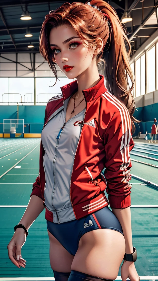 240710B. Masterpiece. A hyper realistic image of Claire. Beautiful woman. ((Perfect body)). Sexy. Slim. ((Solo)). ((Athletics. In the Indoor track field with lanes, hurdles, and bleachers. Standing energetically by the starting line, jacket open slightly. Red tracksuit with white stripes, zip-up jacket, and running shoes. Sheer red stockings. Hairstyle: High ponytail. Makeup: Bold eyeliner, red lips. Stopwatch necklace, wristbands.)). (See-through, bare pantyhose). ((Show erected small areolas thru clothes)). ((Show trimmed vulva)). ((Divine features, oval face)). Graceful presence. (Captivating and perfect grey eyes). (Silky ginger hair). Rosy tint complexion. Captivating smile with enchanting lips. Slender figure. ((Perfect hands)). Sense of style with alluring charm. Effortless elegance, sophisticated. ((High fashion image)). (((((Cowboy shot))))).