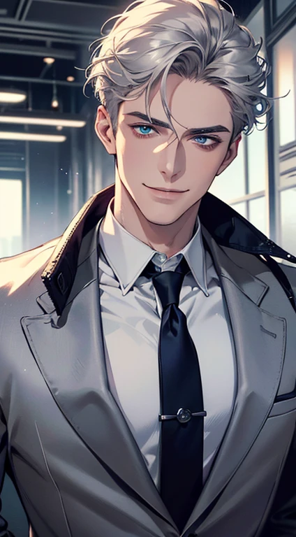 (best quality, masterpiece, 8K, photorealistic, cinematic lighting, 1:4 hdr image, ultra detailed, beautiful image), a mature man, 25 years very handsome, ((cold expression smile in love)), short grey hair, blue eyes, face perfect without mistakes, ((buttoning his jacket, CEO)), smile.