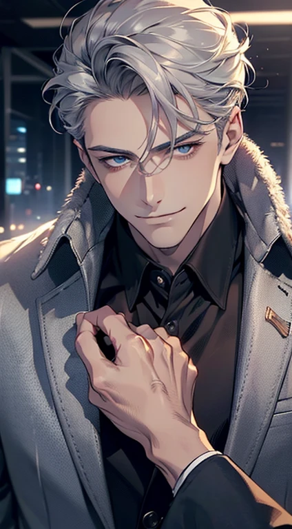 (best quality, masterpiece, 8K, photorealistic, cinematic lighting, 1:4 hdr image, ultra detailed, beautiful image), a mature man, 25 years very handsome, ((cold expression smile in love)), short grey hair, blue eyes, face perfect without mistakes, ((buttoning his jacket, CEO)), smile.