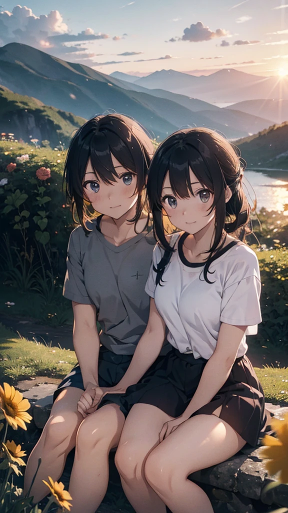 a beautiful mountain landscape, a couple sitting on the mountain watching the sunset, mountains, flowers, sunset, sunny, couple, short clothes, moody color, anime style,