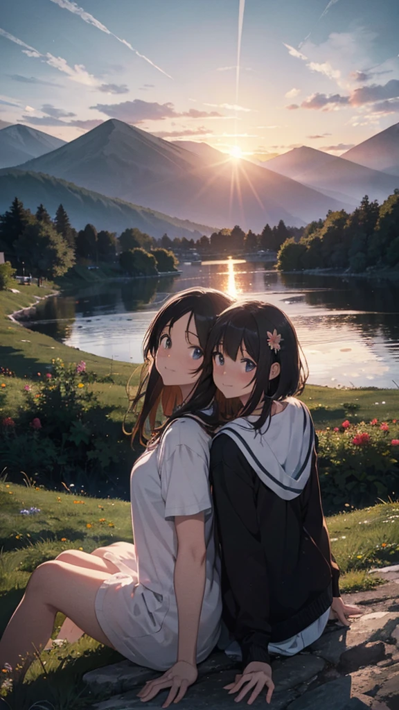 a beautiful mountain landscape, a couple sitting on the mountain watching the sunset, mountains, flowers, sunset, sunny, couple, short clothes, moody color, anime style,