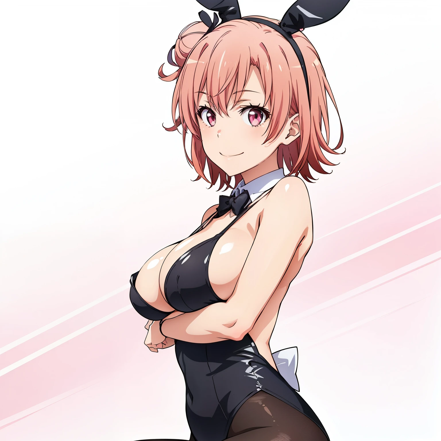 ((masutepiece, Best Quality, hight resolution, nffsw, Perfect Pixel, depth of fields, 4K, )), 1girl in, Solo, , Beautiful anime girl, Beautiful Art Style, close up, Looking at Viewer, Perfect body, side shot, Yuigahama Yui, Short hair, pink hair, pink eyes, hairbun, (large boob), side boob, sitting, black playboy bunny outfit, smile, hands on thighs, blank white background, shot from the waist up