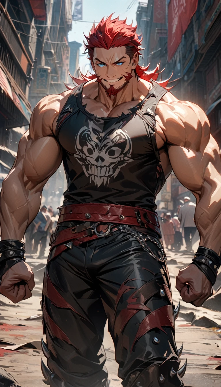 adult man, male, muscles, long red hair, spike hairs, blue eyes, small beard, ripped leather coat, sleeveless, red tight wrestler pants, smile, Masterpiece, best quality, Full HD, 8k, ultra details, great graphic