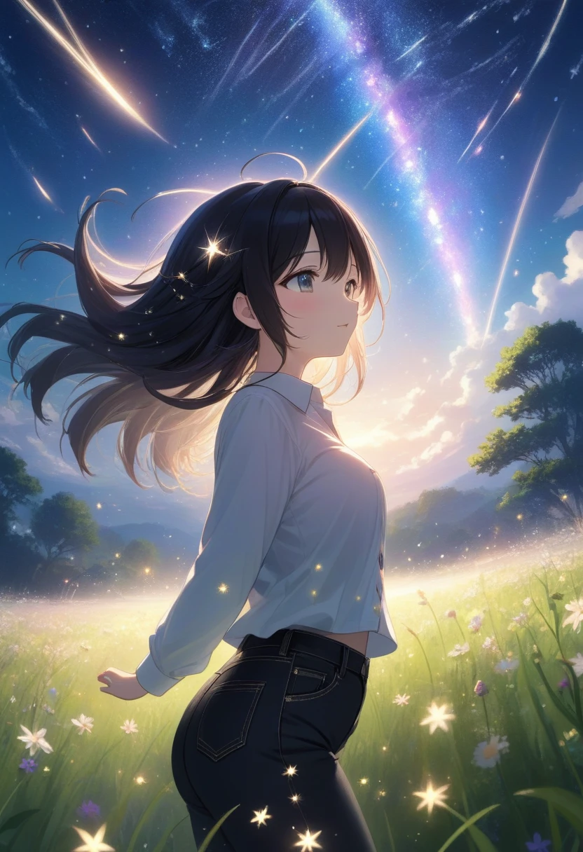 score_7_up,score_8_up,score_9,source anime,surper detail,1girl,white shirt,black denim pants,In a nighttime meadow, shooting stars continuously streak across the sky, creating a light show. The entire meadow is bathed in starlight, spreading breathtaking beauty. A moment of being captivated by the miracles of nature.