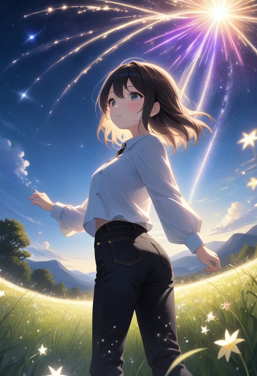 score_7_up,score_8_up,score_9,source anime,surper detail,1girl,white shirt,black denim pants,In a nighttime meadow, shooting stars continuously streak across the sky, creating a light show. The entire meadow is bathed in starlight, spreading breathtaking beauty. A moment of being captivated by the miracles of nature.