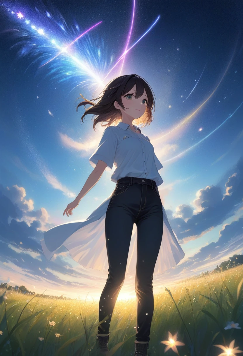 score_7_up,score_8_up,score_9,source anime,surper detail,1girl,white shirt,black denim pants,In a nighttime meadow, shooting stars continuously streak across the sky, creating a light show. The entire meadow is bathed in starlight, spreading breathtaking beauty. A moment of being captivated by the miracles of nature.