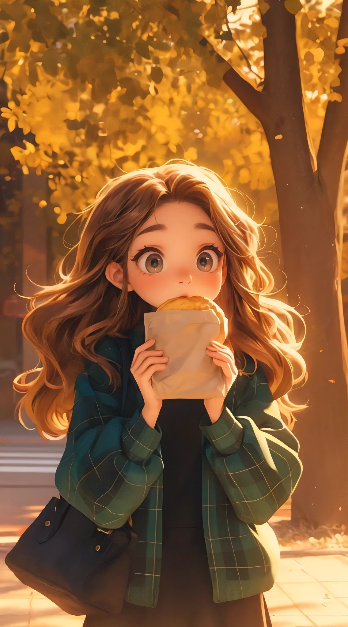 chibi style, 3d animation, a cute girl crossing the street cautiously while biting a doughnut in a paper wrap, elaborate details