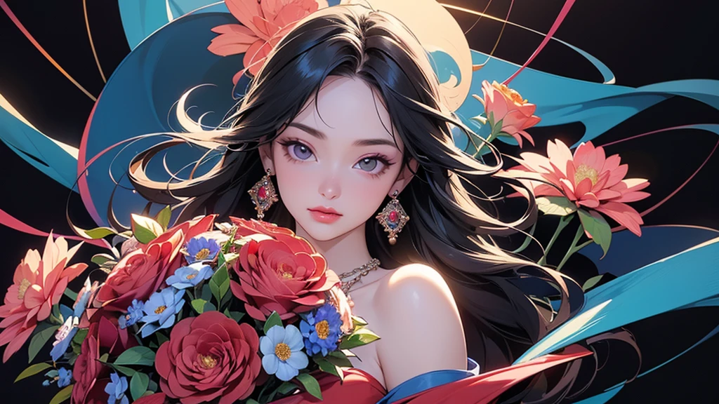 32K, 最高quality, 最高masterpiece, (ultra-Detailed Background, Detailed Background), High resolution, Super detailed, Very detailedな, One girl, (bouquet:1.3), (Tangled:1.2), (Geometric:1.2),(colorful),(masterpiece, quality, best quality, Official Art, Beautiful and beautiful:1.2), (1 girl:1.3), Very detailed,(colorful:1.1)(Flowers:1.3),Most detailed,(Tangled:1.2), whole body, (Abstract background:1.3), (Skin glows), (Many colors:1.4), ,(Earrings Jewelry:1.5), Pale Red Background,