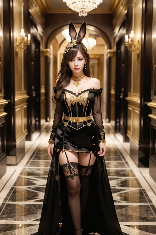 masterpiece, Highest quality, Realistic, Very detailed, Finer details, High resolution, 8k wallpaper, One beautiful woman, Dressed in a lovely gold and black bunny girl outfit, wearing the garterbelt, Wearing an elaborate Venetian mask, In the hallway of a great hotel, At night, Light brown messy hair, Perfect dynamic composition, Beautiful and beautiful eyes、Big earrings、Are standing、whole body