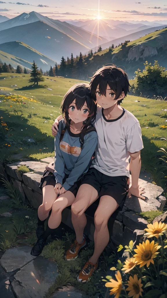 a beautiful mountain, a boy and girl sitting on the mountain watching the sunset, mountains, flowers, sunset, sunny, couple, short clothes, moody color, anime style,