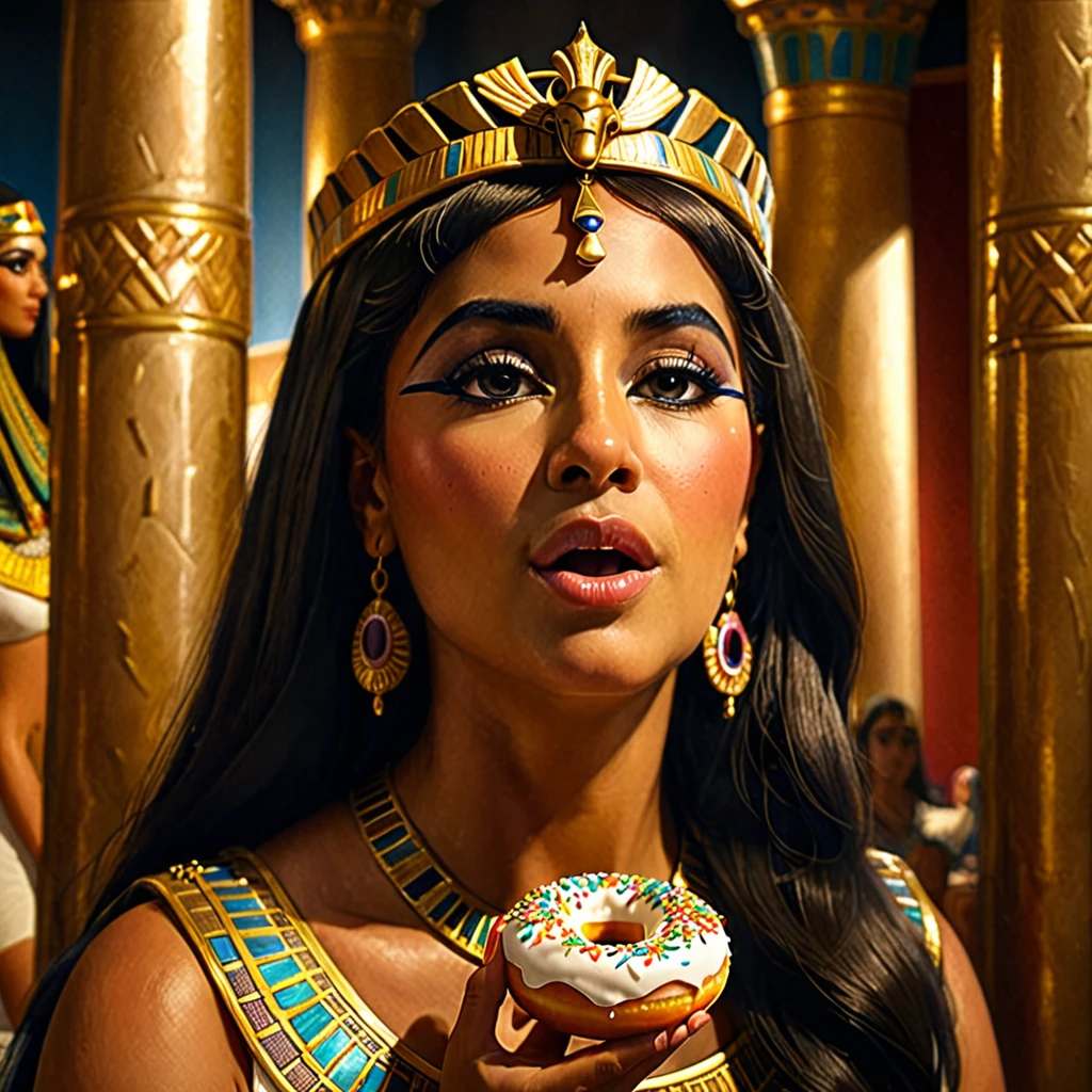 (bust:1.4), Low - Angle:1.4, Cleopatra, Beautiful woman with long black hair(Putting part of a donut in his mouth:1.9), Detailed face, Deep Eyes, ふっくらAnd唇, Wearing a gold crown, Luxurious ancient Egyptian palace interior, Dramatic lighting, A gorgeous column, rich fabric, (Highest quality,4K,8k,High resolution,masterpiece:1.2),Very detailed,(Realistic,photoRealistic,photo-Realistic:1.37),Intricate details,Cinema Lighting,Chiaroscuro,Dramatic Shadows,Warm color palette,Dramatic Pose, Beautiful Egyptian Queen,Hall々And,elegant,Majestic