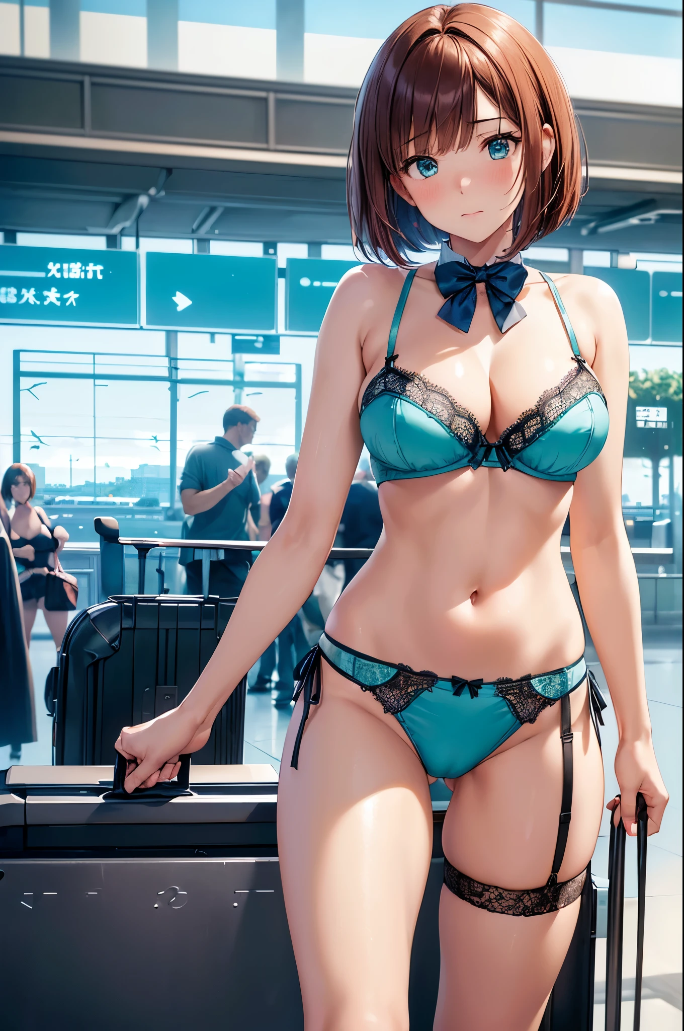(((masterpiece, Highest quality, High resolution, 超High resolution, Perfect Pixel, Depth of written boundary, 4K, RTTX 10.0))), Beautiful Anime Woman, Beautiful art style, Anime characters, ((Smooth texture, Realistic texture, Anime CG Style)), Perfect and accurate finger count、Exact number of legs、(Exact number of arms:1.0, Exact number of hands:1.0), (Perfect hands, Perfect Anatomy), Cinematic, Realistic, Extremely detailed CG, Daytime lighting, Perfect lighting, Best Shadow, The best natural light, whole body, Perfect body, バランスのとれたPerfect body, Perfectly balanced style, Soft body, Slender body, ((bangs, Reddish brown hair, Stylish bob cut)), ((A cute adult woman is walking:1.8)), ((Bow tie around neck:1.3), (Sexy and cute turquoise underwear:1.3), (Stylish shiny turquoise blue satin panties, Side-tie panties, Panties with a plain turquoise blue center and lace decoration on the sides:1.3), (Thin panties:1.3), (Turquoise micro lace satin bra, Turquoise blue bra with lace trim around the edges, Thin bra:1.3), (lace garter belt, Garter Strings, Knee socks:1.3):1.4), (Beautiful big boobs:1.1), (Embarrassed expression:1.5), blush, (Airport lobby, There are many people in the background々:1.7), naked, In underwear, ブラとパンティとKnee socksとガーターベルトだけ, Carry bag with casters, 黒いKnee socks, High heels, Angle from below the front