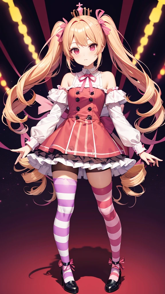 Idol-like animated character
Red eyes, cute expression
High image quality
Dark red fur jacket
Fluffy dark red dress skirt with front opening

Pink and purple striped stockings with horizontal stripes
Pink and purple striped tights, sideways
One very small round crown hair ornament

Blonde twin drills
Voluminous and unique blonde twin drills
Large pink ribbons on each side
Forehead bangs

Pink and purple striped tights
Pink and purple striped tights/stockings

Forehead bangs
Large pink ribbon on the skirt of the dress

Focus on face
Red eyes

Full body shot
Background in room
No shadow, high quality

Walking
Full Face