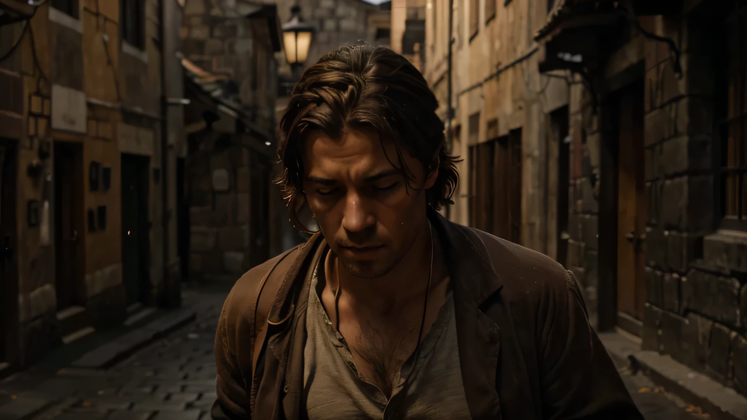 At night, on a cobblestone street in Israel, a middle-aged man with brown hair, Jairus, running, with an expression of great concern and tears in his eyes, creating an atmosphere of chiaroscuro and drama. Jairus is dressed in a tattered brown robe and his appearance is aged and worn, reflecting his distress. The stone street and rough stone walls in the background evoke an austere, historical setting. Dramatic lighting and intense shadows highlight the intricate details of her face and hands, capturing her fervent plea in a high-resolution (4k, 8k) cinematic composition that emulates the quality of a Renaissance masterpiece painted in oils. Skin tones are natural and facial features are highly detailed, with realism and photorealism that accentuate the emotion of the moment.