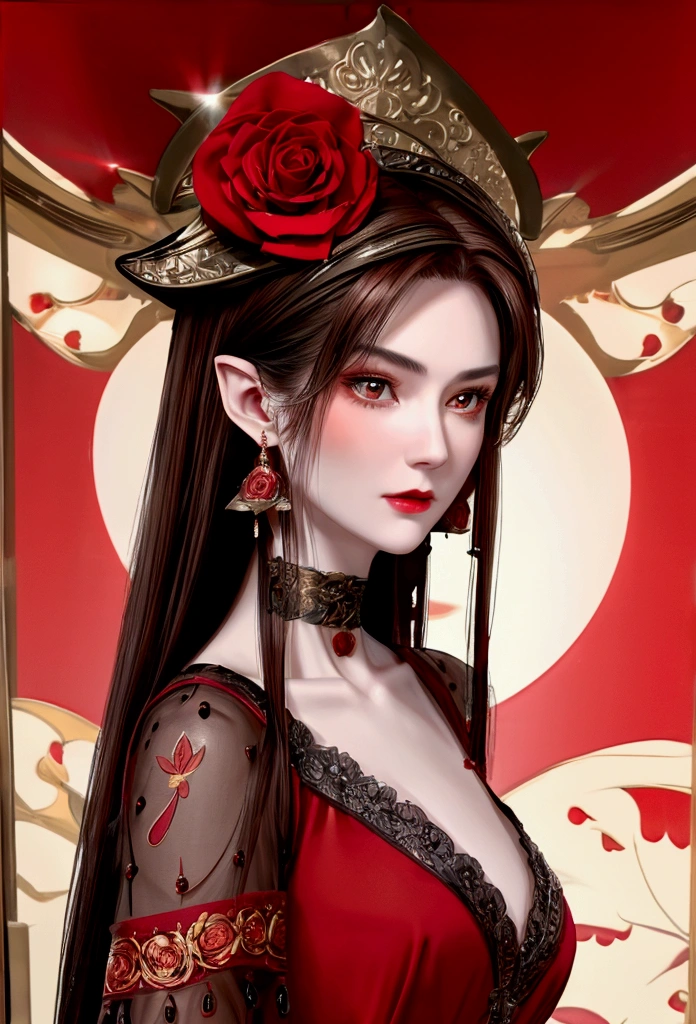 8k, RAW photo, Fujifilm, style photo of a beautiful 45 year old woman, square face, a red rose on the neck, wearing black lace dress with red, golden earrings, strong features like a spinning dove, (highly detailed skin: 1.2), medium brown hair with lights, film grain, 35mm, cute style