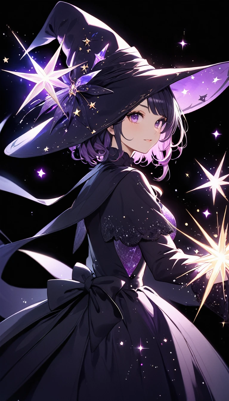 Dark witche,black background, magical sparkles