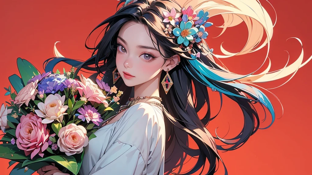 32K, 最高quality, 最高masterpiece, (ultra-Detailed Background, Detailed Background), High resolution, Super detailed, Very detailedな, One girl, (bouquet:1.3), (Tangled:1.2), (Geometric:1.2),(colorful),(masterpiece, quality, best quality, Official Art, Beautiful and beautiful:1.2), (1 girl:1.3), Very detailed,(colorful:1.1)(Flowers:1.3),Most detailed,(Tangled:1.2), whole body, (Abstract background:1.3), (Skin glows), (Many colors:1.4), ,(Earrings Jewelry:1.5), Pale Red Background,