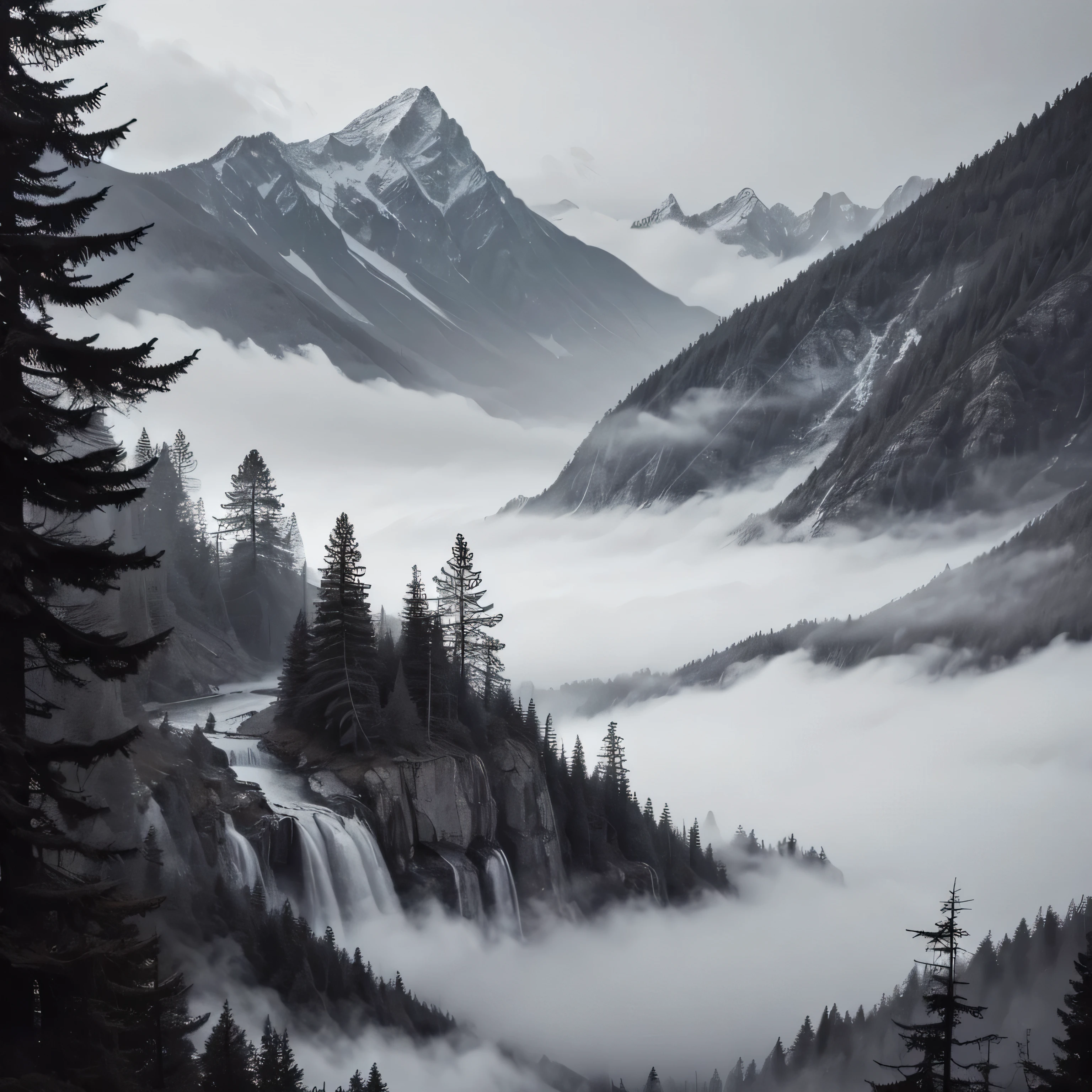 ((ultrarealistic)), ((masterpiece)), 8k, hd, dark forest, full moon, perfect landscape, clouds, fog from the ground, realism, impressionism, gloomy tress