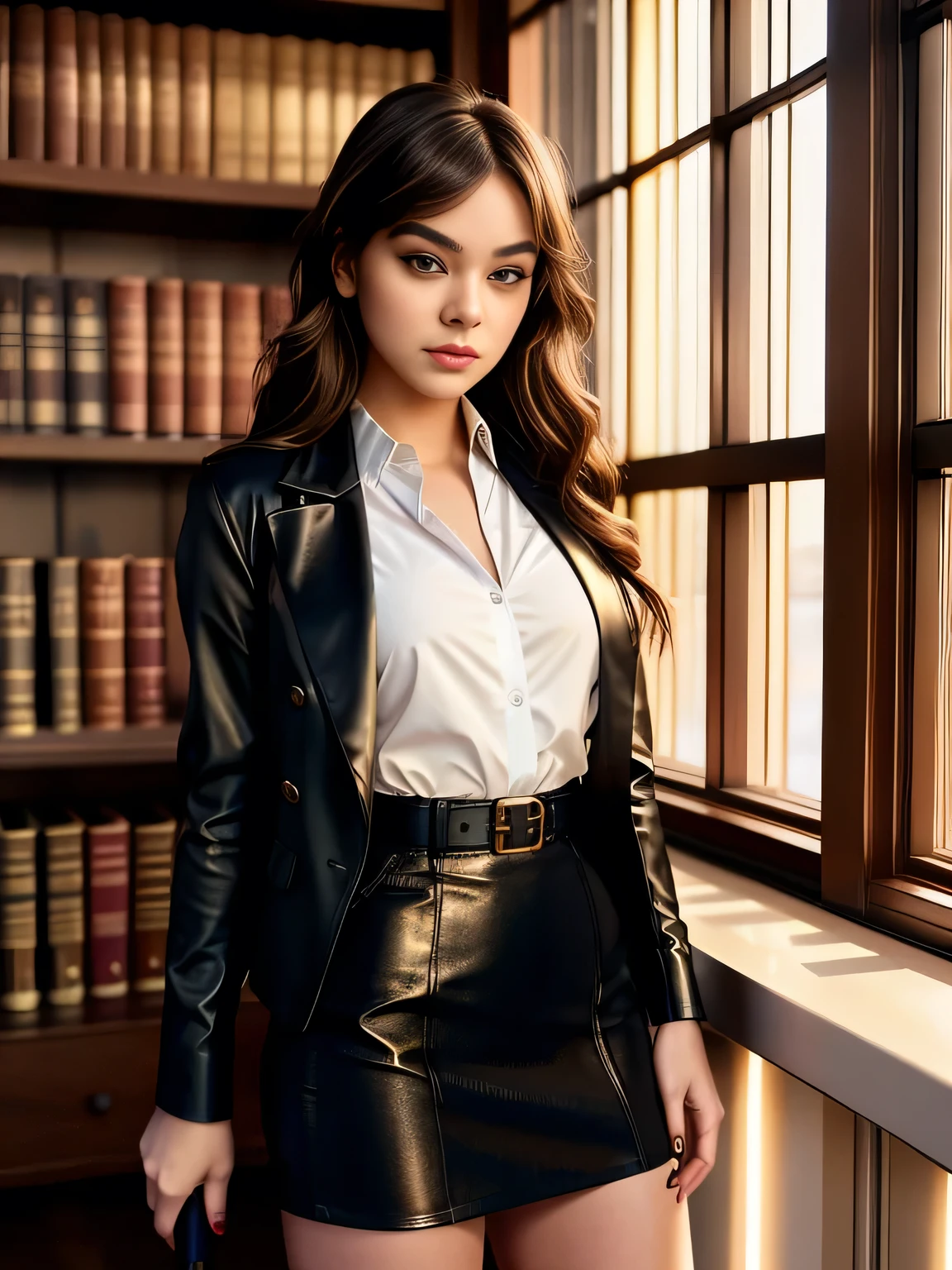 upper body photo of a innocent school girl, blazer jacket and creme lowcut unbuttoned satin silk blouse, leather pencil skirt, posing in a private library, backlit, belt, (brown eyes:1.2), high heels, backlit, perfect make-up, cinematic, realistic, high contrast, visually rich,piercing eyes, strong eyeliner, mesmerizing eyes, elegant, graceful, natural beauty, charismatic, versatile, photogenic, very detailed