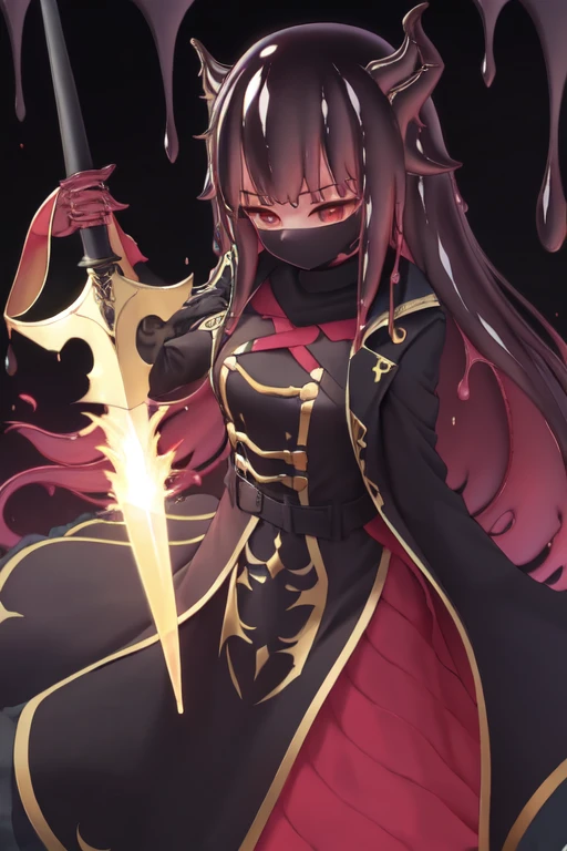 Waifu dragon slime adulta, busto grande,
 with light armor and a dark trench coat, energi mask, obsidian sword (hd)