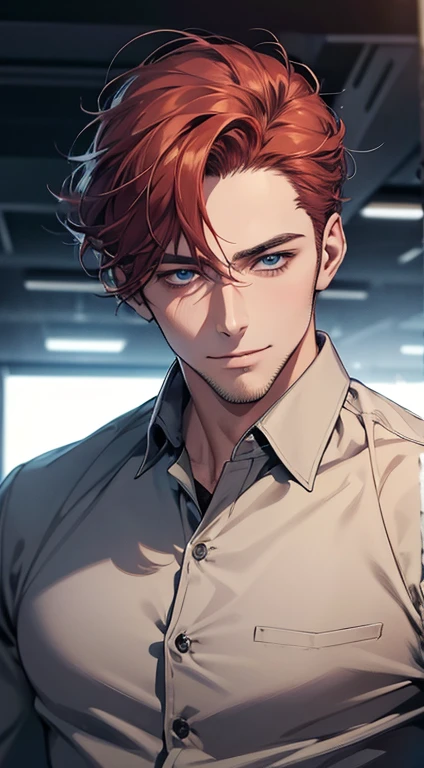 (best quality,4k,8k,highres,masterpiece:1.2),ultra-detailed,(realistic,photorealistic,photo-realistic:1.37),1 man,31 years old,mature man,very handsome,without expression,smile,short grey red hair,blue eyes,penetrating gaze,perfect face without errors,imposing posture,businessman,office background,cinematic lighting,hdr image