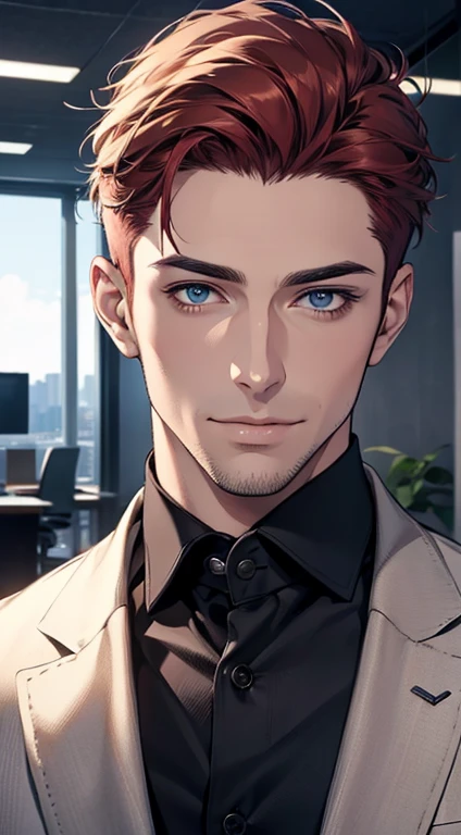 (best quality,4k,8k,highres,masterpiece:1.2),ultra-detailed,(realistic,photorealistic,photo-realistic:1.37),1 man,31 years old,mature man,very handsome,without expression,smile,short grey red hair,blue eyes,penetrating gaze,perfect face without errors,imposing posture,businessman,office background,cinematic lighting,hdr image