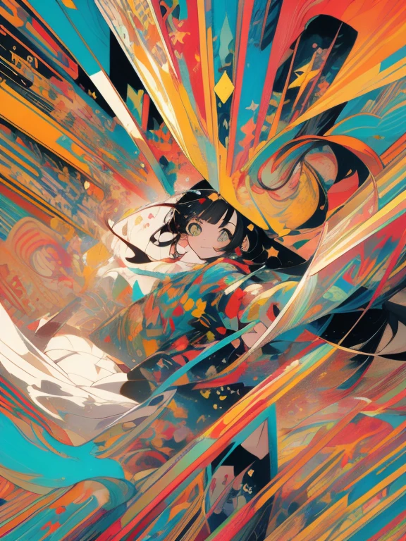 masterpiece, super high quality, ( Highly detailed original illustration),( Expression of joy, Perfect Eyes, Long Hair, smile,whole body, Perfect body),Dancing, ((Streetwear,Parker Fashion)), ((Hana Sakura)(graffiti)), Double exposure, A fluid fusion of abstract art, Glitch, ( 2D), ( Original illustration composition), ( Limited edition color fusion, Maximalism art style, Geometric art style, fire, Junk Art), Yellow theme, Background Black