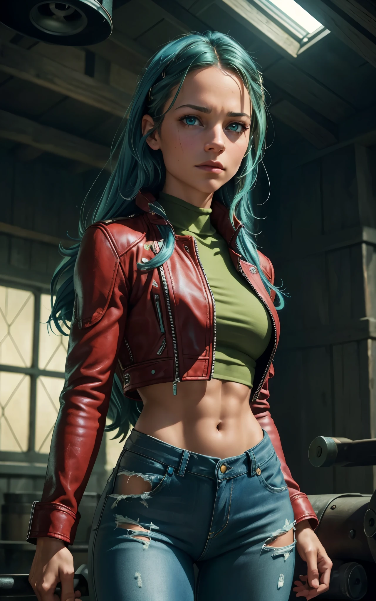 (Alicia Vikander:Evangeline Lilly), green light, glowing eyes, pov below, wind,, masterpiece, best quality, 1girl, cool, serious, medium breasts, long hair, blue hair, red leather jacket, crop top, tight jeans, green eyes, abs