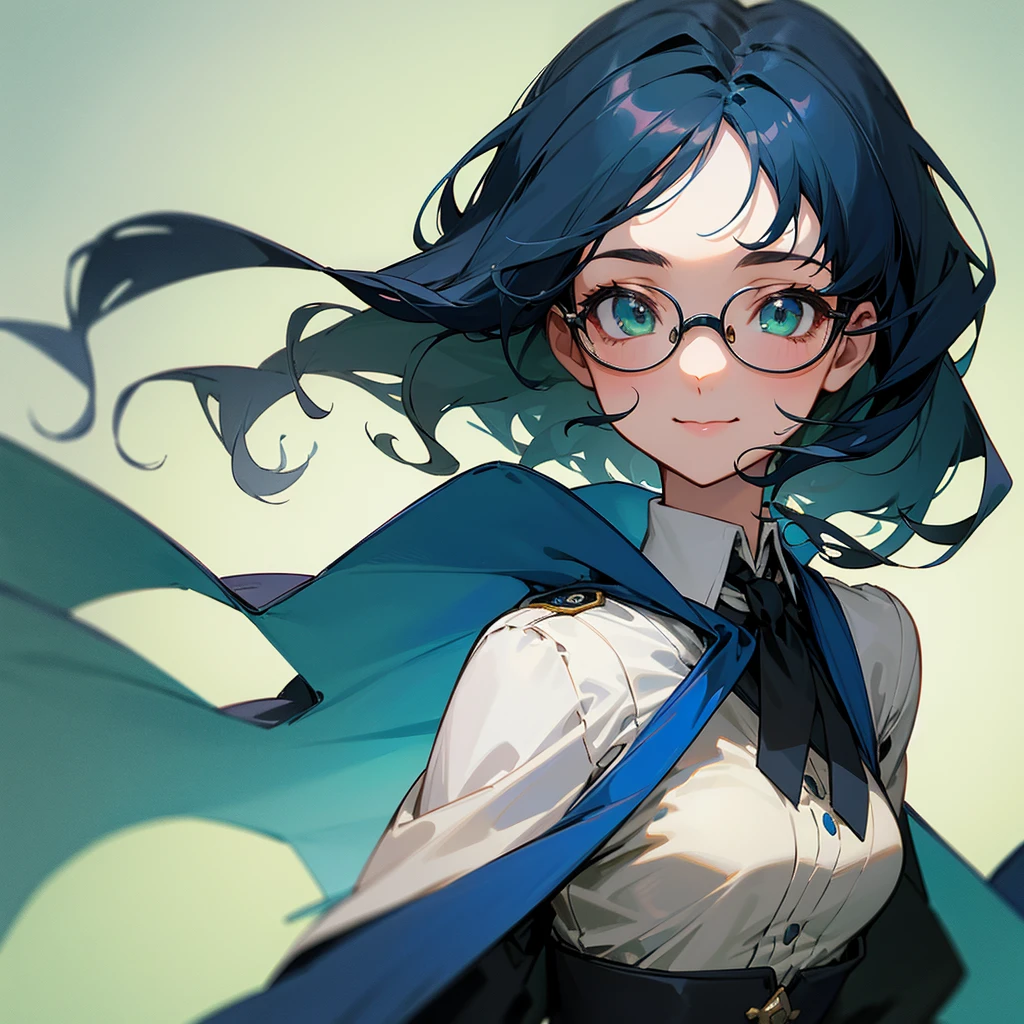 Beautiful girl, perfect anatomy, cute and gorgeous face, has a great cute smile, beautiful eyes, green eyes, wears glasses, dark blue wavy hair, dark blue hair, short hair, wears a victorian military outfit, small breasts, anime style.