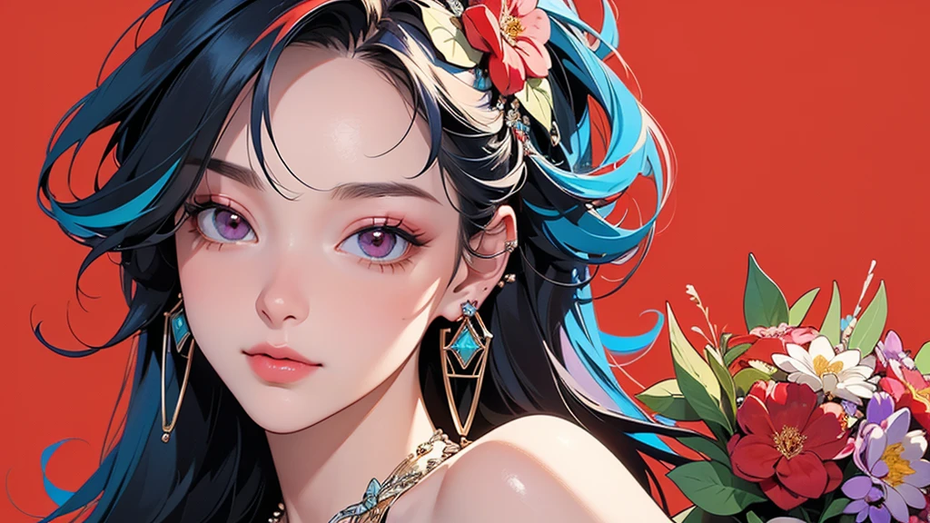 32K, 最高quality, 最高masterpiece, (ultra-Detailed Background, Detailed Background), High resolution, Super detailed, Very detailedな, One girl, (bouquet:1.3), (Tangled:1.2), (Geometric:1.2),(colorful),(masterpiece, quality, best quality, Official Art, Beautiful and beautiful:1.2), (1 girl:1.3), Very detailed,(colorful:1.1)(Flowers:1.3),Most detailed,(Tangled:1.2), whole body, (Abstract background:1.3), (Skin glows), (Many colors:1.4), ,(Earrings Jewelry:1.5), Pale Red Background,